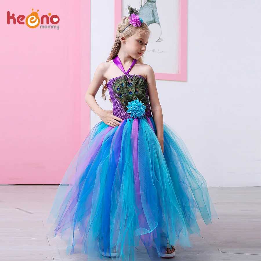 Peacock Feather Flower Girl Tulle Tutu Dress Pageant Wedding Halloween Costume Kids Birthday Party Purim Couture Dress