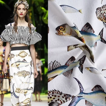 

Width 145CM Hot sale 40%cotton Fish print jacquard tapestry satin plush fabric for dress soft cheap DIY tissu au meter tecido