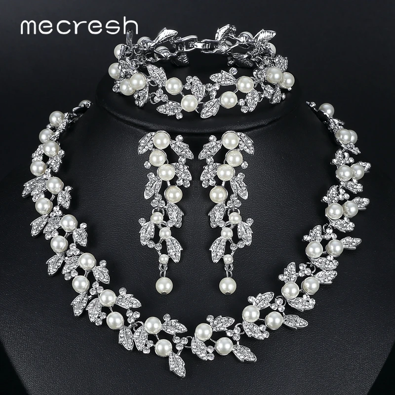 Mecresh, имитация жемчуга, свадебные ювелирные наборы, серебро/золото, ожерелье, набор, Свадебные ювелирные изделия, Parure Bijoux Femme TL283+ SL089