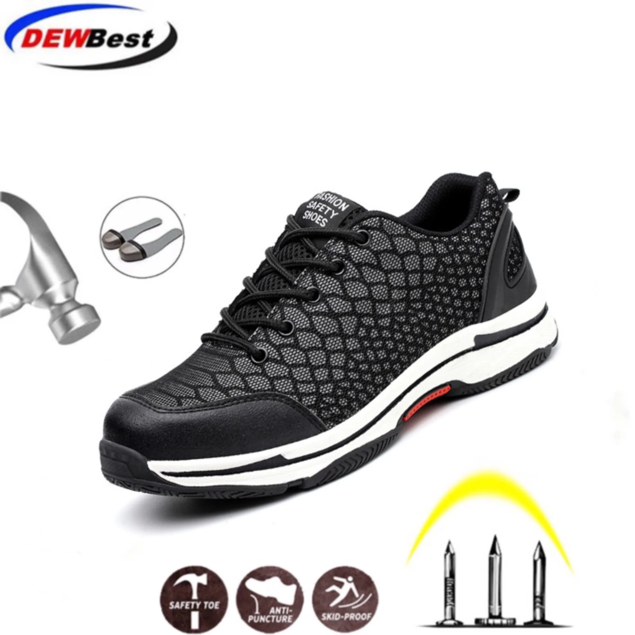 

DEWBEST Men's Breathable Steel Toe Cap Work Safety Shoe Reflective At Night Men Outdoor Anti-slip Steel Puncture Proof Construct