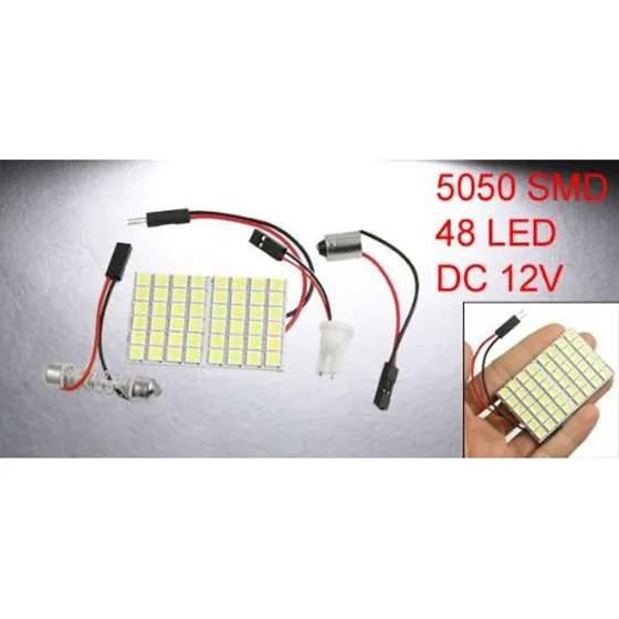 Vehicle White 48 LED Panel 5050 SMD Dome Light + T10 BA9S Festoon Adapter