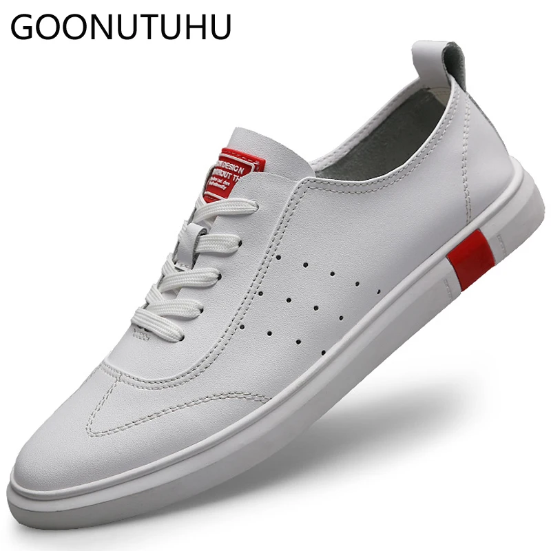 

2019 new spring summer men's vulcanized shoes casual genuine leather classic black white shoe man breathable flat shoes for men
