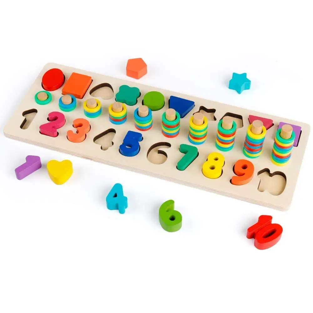 

Wooden Count and Match Numbers & Shape Sorter Stacker Toy -Educational Preschool Learn to Count and Number Recognition Game