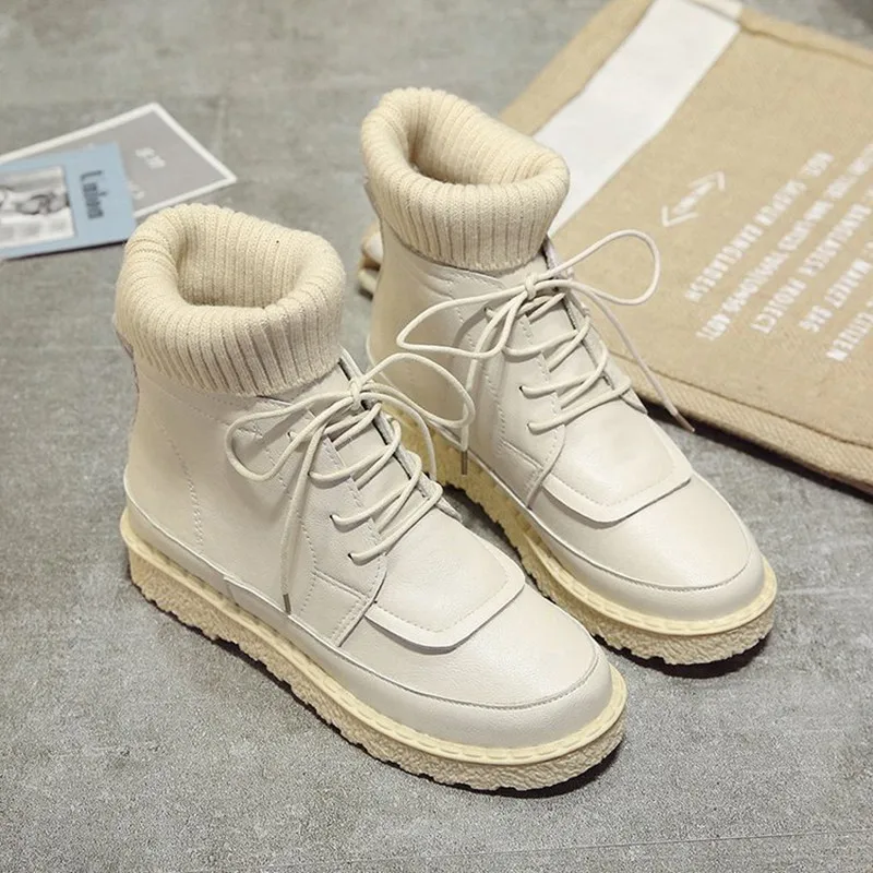 COOTELILI Women Boots Ankle Boots 2018 Winter Shoes Lace-Up Knitted Flat Shoes Rubber Boots Women Leather Shoes 3cm Heel  (6)
