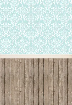 

5x10FT Powder Blue Pale Turquoise Damask Wall Baroque Pattern Wooden Floor Custom Photo Studio Backdrop Background Vinyl 5x7 8x8