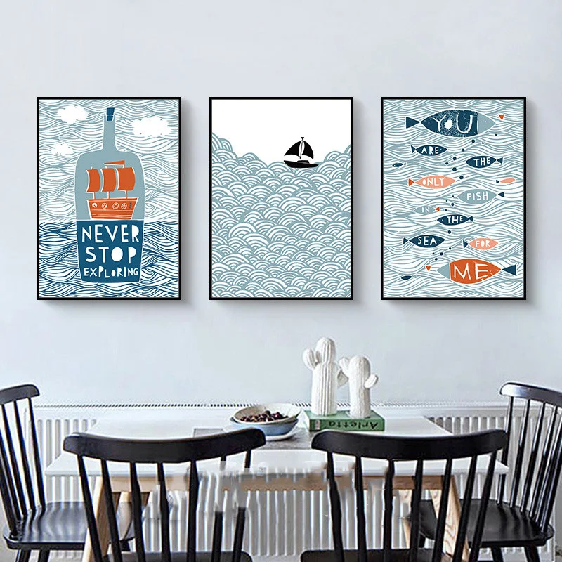 

Minimalist Painting Cartoon Creative Drift Bottle Ship Fish Nordic Canvas Pictures Art Printing Poster Decor For Kids Room Wall