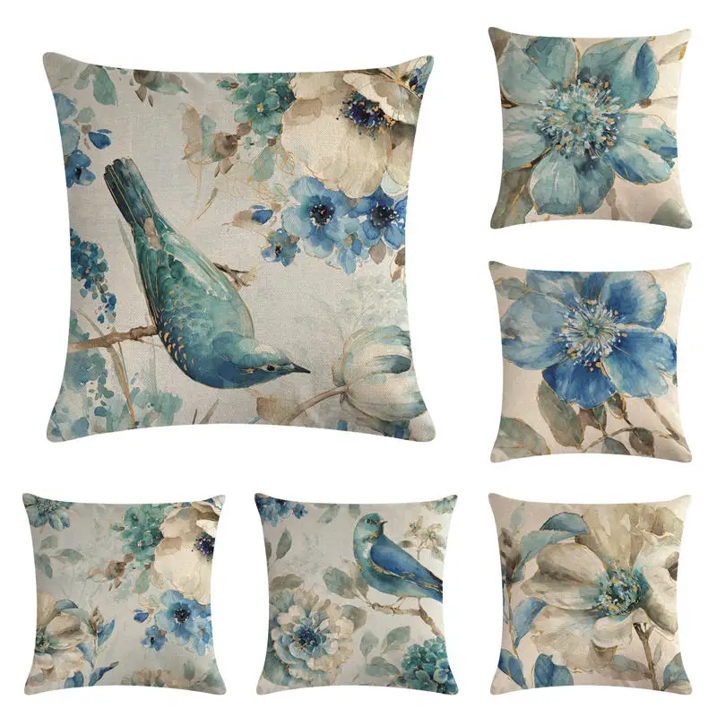 

45cm*45cm Blue flowers and blue birds pattern linen/cotton cushion cover and sofa pillow case Home decorative pillow cover