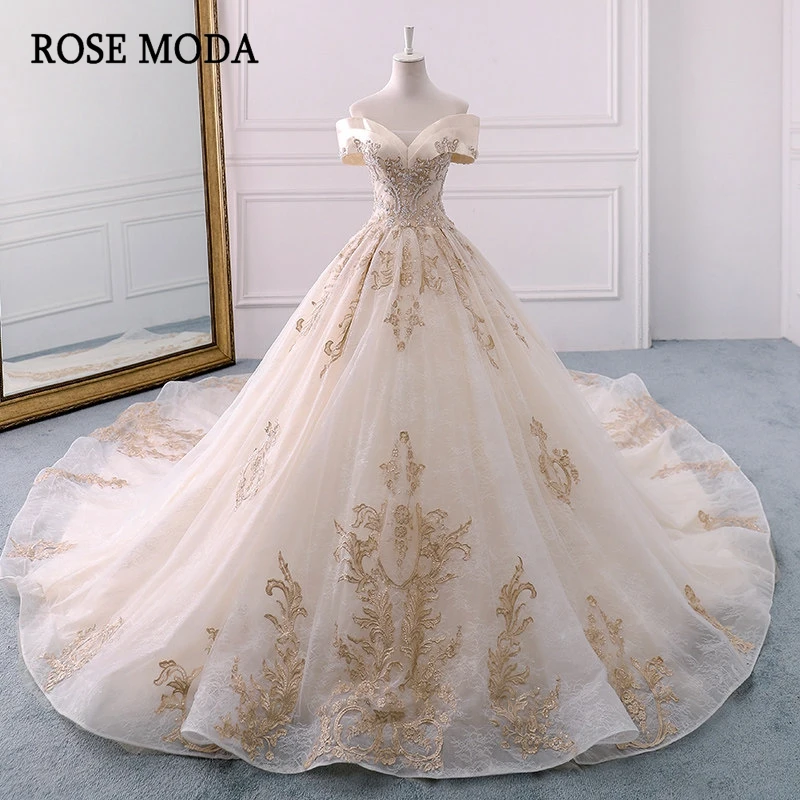 Rose Moda Royal Lace Wedding Dress Long Train Off Shoulder