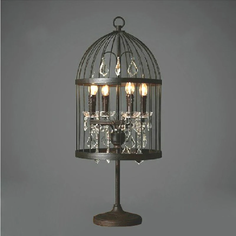 

American country retro lighting bird cage crystal lamps bedroom study iron black table lamp