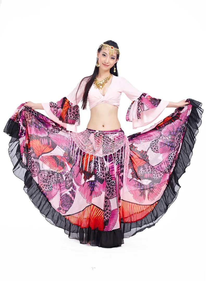 Новые Топы/юбка/Топы+ юбка Цыганский большой цветочный Комплект для танца живота платья красочные танцевальные наряды одежда