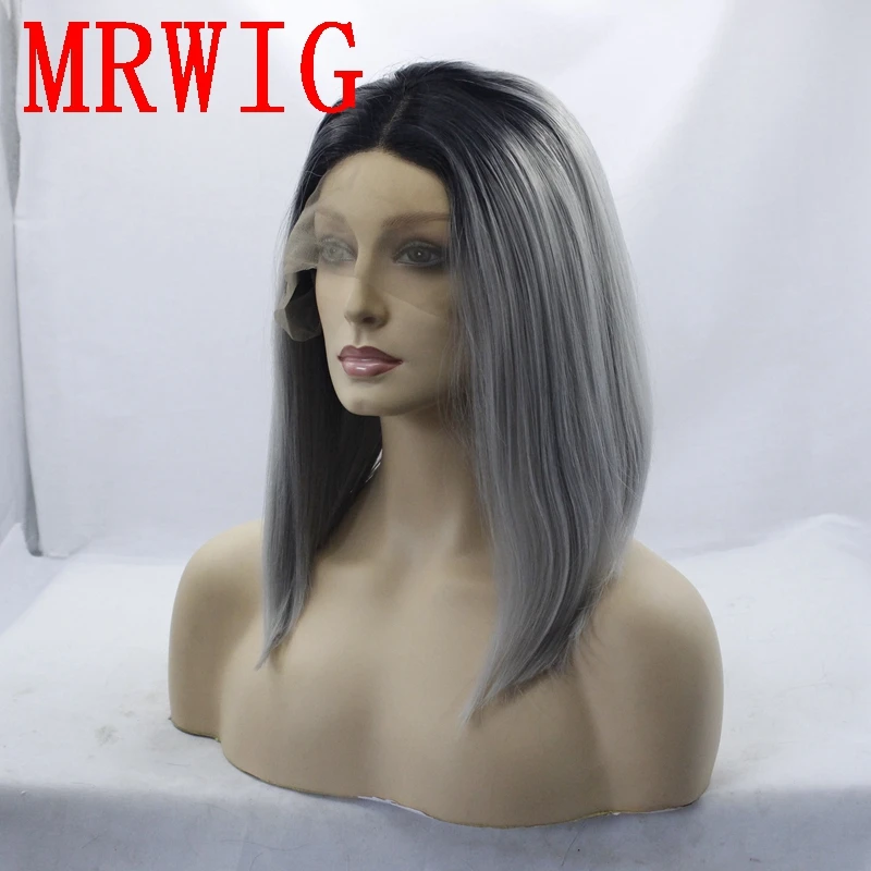 MRWIG 12 дюймов короткий боб прямой синтетический бесклеевой передний парик кружева средняя часть короткие темные корни могут нагреваться для леди