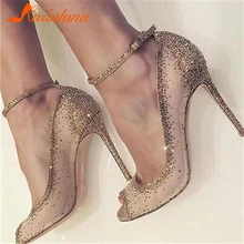 KARINLUNA/Новые модные туфли на высоком каблуке с ремешком на лодыжке, украшенные кристаллами, большие размеры 35-43 Женские повседневные пикантные весенне-летние туфли-лодочки для свадебной вечеринки