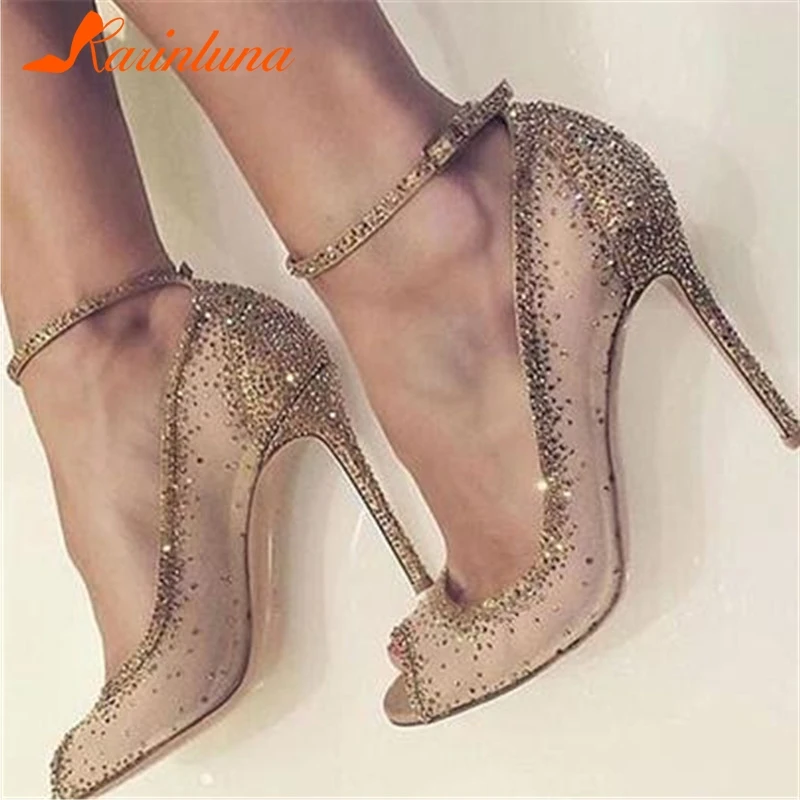 KARINLUNA New Fashion Big Size 35-43 Ankle Strap Crystal High Heels Shoes Woman Casual Wedding Party Sexy Spring Summer Pumps KARINLUNA New Fashion Big Size 35-43 Ankle Strap Crystal High Heels Shoes Woman Casual Wedding Party Sexy Spring Summer Pumps