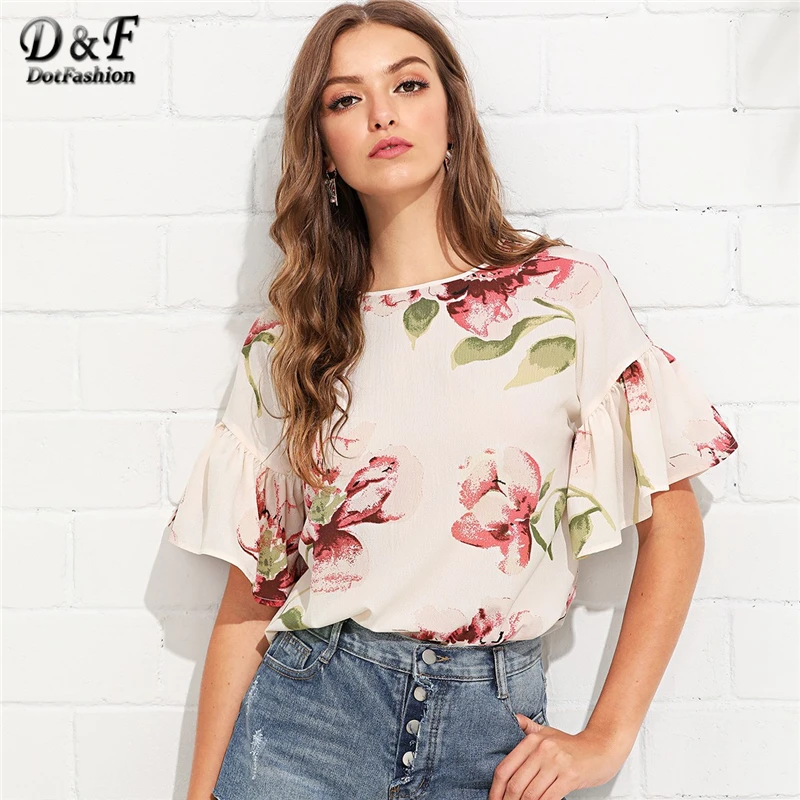 

Dotfashion Apricot Ruffle Sleeve Keyhole Back Floral Summer Tops For Women 2019 Vacation Blouse Shirt Short Sleeve Korean Blouse