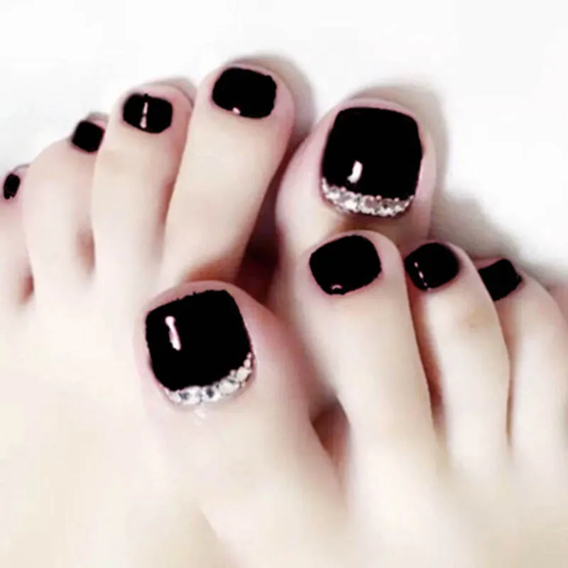 

24psc Holiday Beach Black Toe Nail Patch Summer Style Simple S hort Foot Artificial Fake Nails Full Cover Nails Tools False Nail