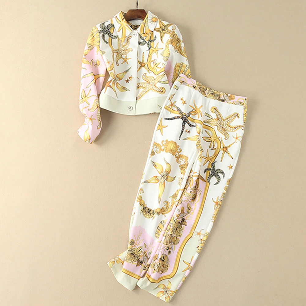 

Red RoosaRosee Runway Designer Women Suit Seashell Print Long Sleeve Turn-down Collar Short Jacket + Pants Twinsets 2 Piece Set