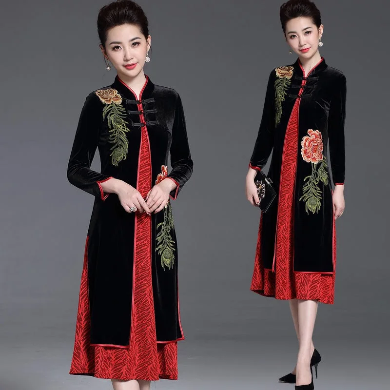 

Spring Fall Chinese Style Women Female Embroidery Flower 2 Pieces Velvet Dress , Woman Mandarin Collar Slim Velour Qipao Dresses