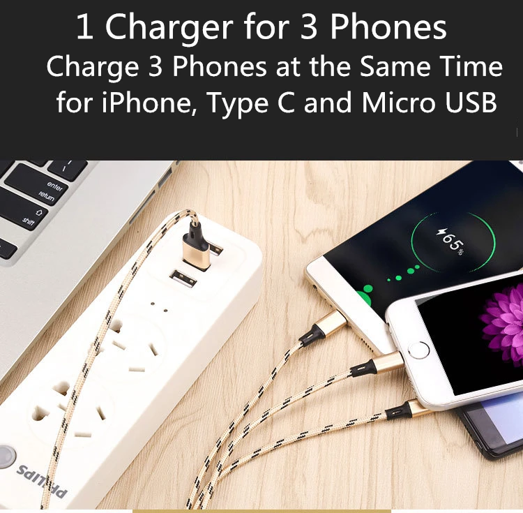 USB кабель 5V 2.8A 3 в 1 быстрая зарядка ткань Braide type C кабель зарядного устройства микро-usb черный золотой провод шнур для iPhone iPad кабель