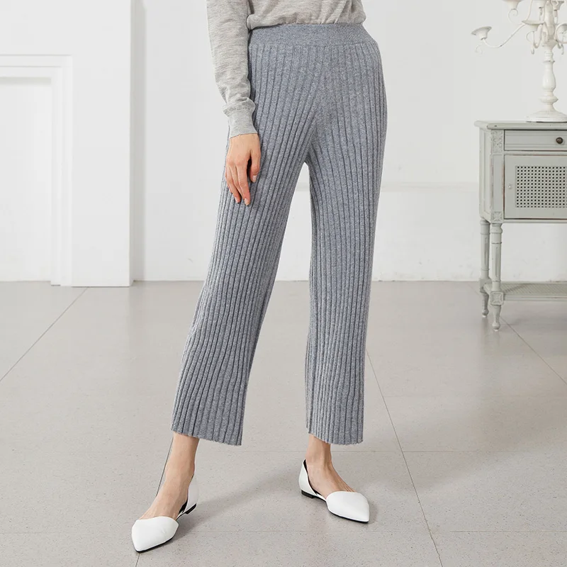 

Autumn Winter Soft Comfortable 100% Cashmere Cashmere Pants High Waist Elastic Female Knitted Wide Leg Loose Knitted Pants Women