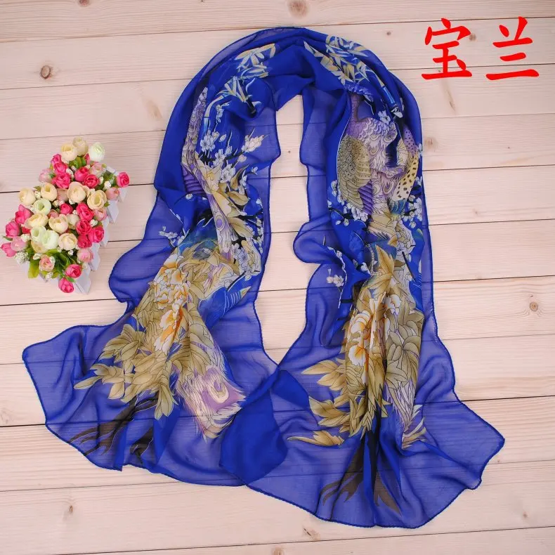 Богемный шелковый шарф Павлин, модный платок, атласная шаль, шарфы, большой размер 50*160 = 0 см, квадратный шелковый шарф для волос/головы, Женская бандана - Цвет: royal blue