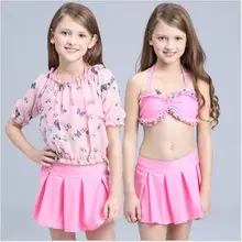 Детский купальный костюм блузка с раздельной юбкой с листьями лотоса для крупных детей три комплекта купального костюма для девочек 4-15 лет
