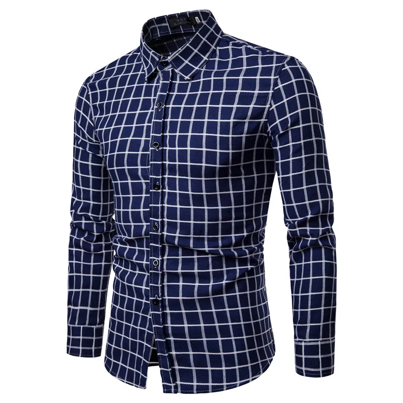 Drop Shipping Men Plaid Shirt Long Sleeve Shirts 2019 Fashion Casual White Checkered Cotton Chemise Homme Man Clothes