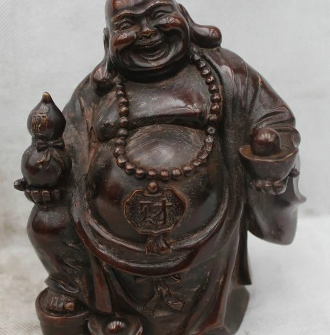 

6"Chinese Buddhism Bronze Wealth Happy Laugh Maitreya Buddha Money Statue