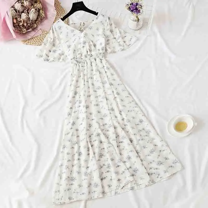 Цветочный принт шифоновое платье Для женщин летние шорты рукавом v-образным вырезом рюшами-line длинное платье эластичный пояс Винтаж Femme Vestidos