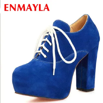 

ENMAYLA Artistic Solid Large Size 34-43 Women Pumps 5 Colors Round Toe Lace Up Ankle Boots Square Heel Platform Pumps Women