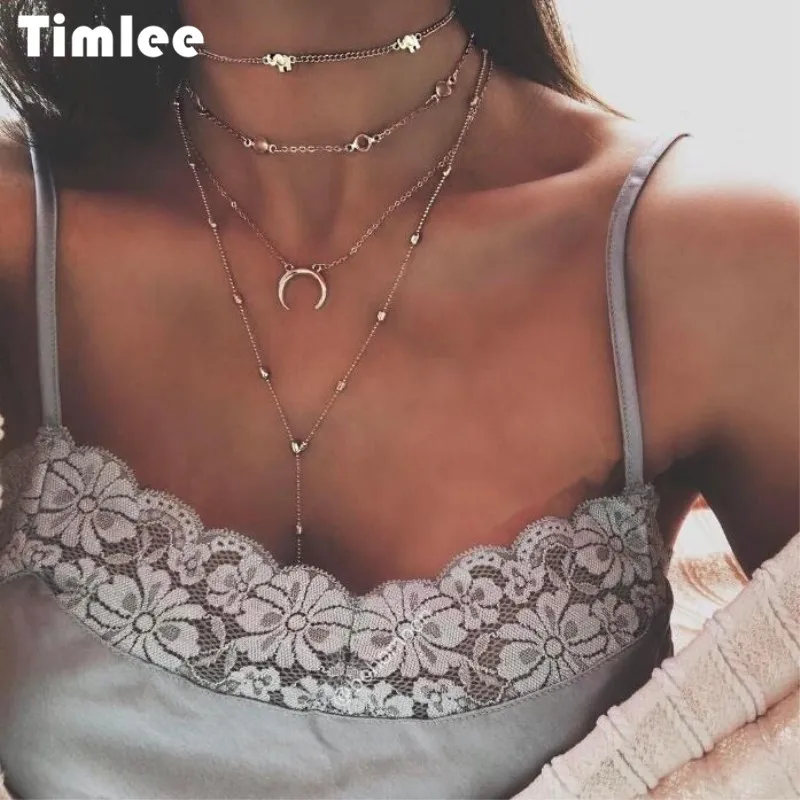 Timlee N066 Бесплатная доставка популярный слон Луна многослойные цепи Чокеры