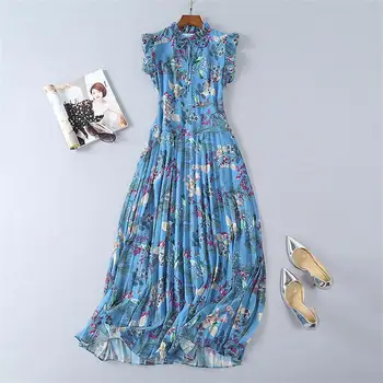 

Women Runway Dress 2018 High Quality Summer Stand Collar Sleeveless Printed Ruffles Casual Lady Long Dresses DX0711