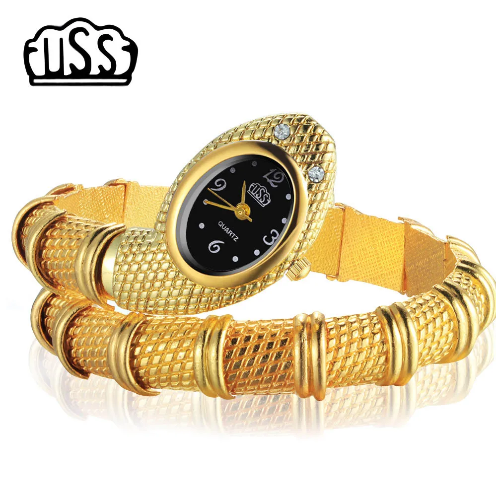 Новые CUSSI стильные часы в форме змеи, модные часы, часы-браслет, уникальный дизайн, ЖЕНСКИЕ НАРЯДНЫЕ часы, женские часы - Цвет: Золотой