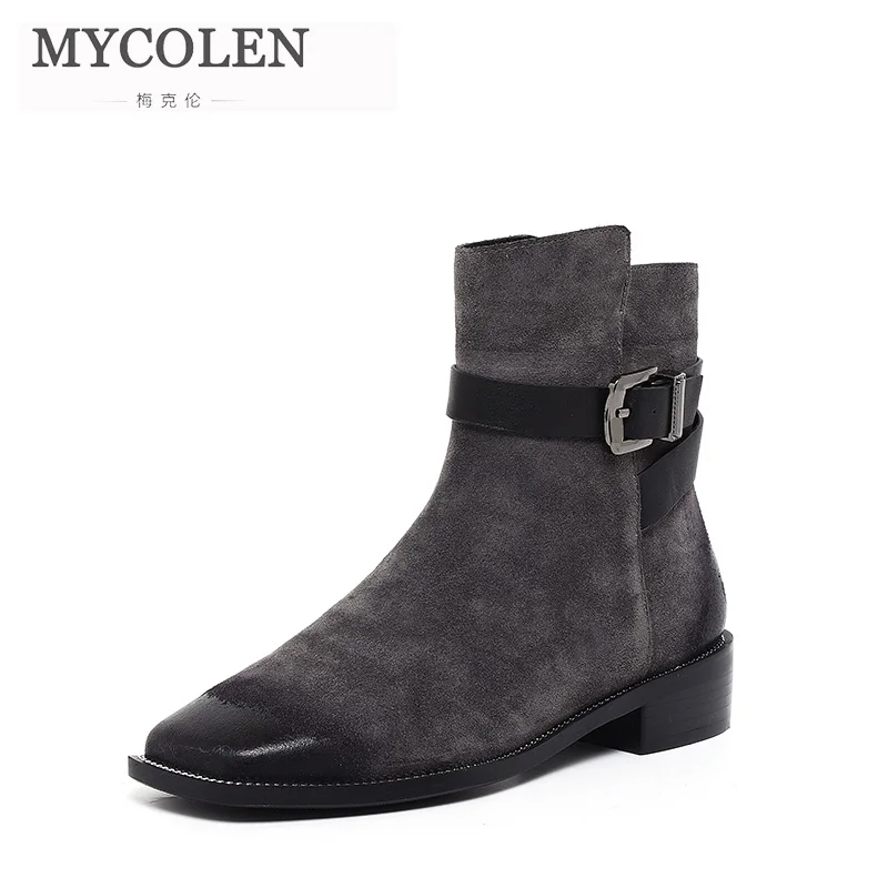 MYCOLEN/женские полусапожки на низком каблуке с квадратным носком пряжкой новинка