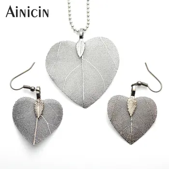 

1set Fashion Women Dangle Earrings Gun Black Plated Real Leaves Heart Hook Earring Birthday Gift Jewelry