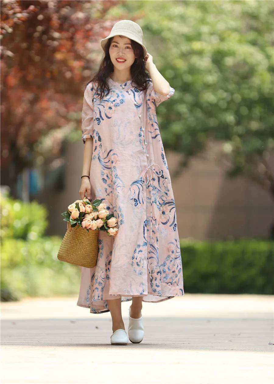 

2019 Spring and Autumn High Quality Ramie Digital Printing Retro Stand Collar Five-point Sleeve Dress Women Dress