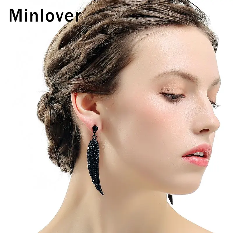 Женские Винтажные висячие серьги Minlover черные в виде крыльев Ангела стразы