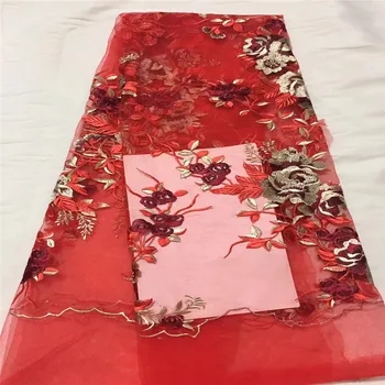 

2018 French Lace Fabric Red Wedding High Quality African Tulle Lace Fabric 3D Flowers Embroidered Tulle Lace fabric A1042-2