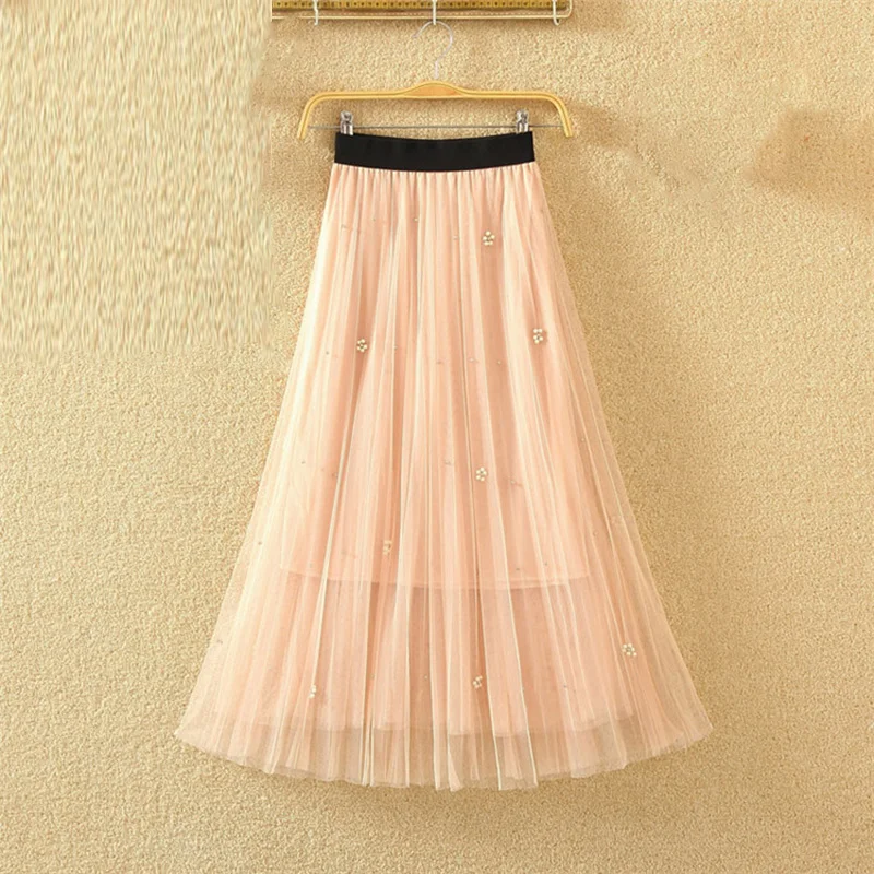 High Quality Elegant Tulle Long Pleated Skirt Women 2018 Summer Solid A ...