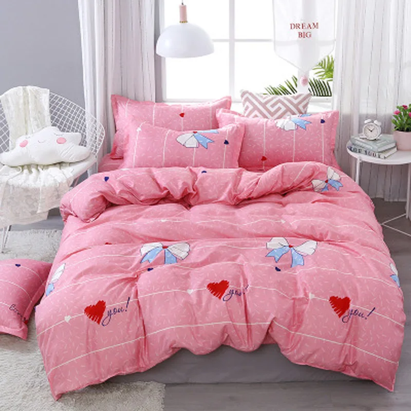 

SJ 3/4pcs/Set Pink Kids Bedding Set Children Student Dormitory Bed Linen Linings Cotton Duvet Cover Set No Filler Home Textile