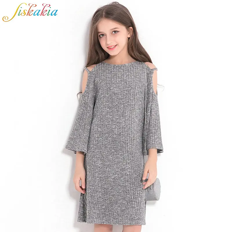 

Siskakia Child Girls Dress Solid Grey Hollow Out Cold Shoulder 3/4 Sleeve Spring Autumn Dresses For Big Girl 13 14 15 Years Old