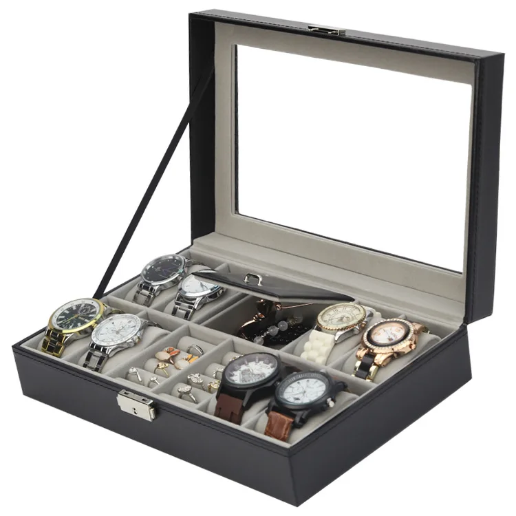 

Watch Jewelry Box Electricity Supplier Explosion Black PU 8 Watches, +2 Ring Leather Watch Packaging Box Relogio Saat Kutusu