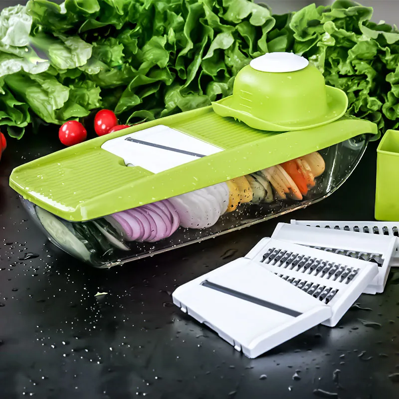 Vegetable Cutter Food Container Adjustable Mandoline Slicer with 4 Interchangeable Stainless Steel Blades Slicer Grater