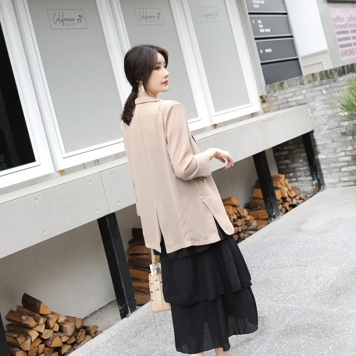 2019 Autumn New Female Blazer Korean Casual Solid Color Elegant Temperament Thin Chiffon Coat Women Three Quarter Cardigan 90s