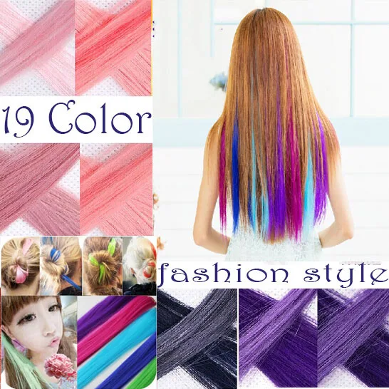 Trendy Long Straight color Hair Piece Hair Clip In Highlight Rainbow Hair Streak Pink Synthetic Hair Strands on Clips