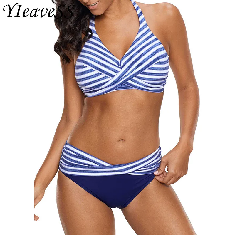 

2019 Women's Sexy Backless Striped Twist Front Crossed Bikini Set Halter Swimsuit Retro Bathing Suits Plus Size Bathing Suit 5XL