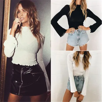 

Women's Summer Loose Top Long Flare Sleeve O-Neck Black White Colors Blouse Ladies Casual Tops