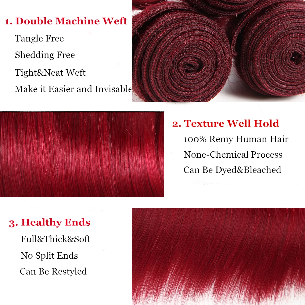 Burgundy Red Color Lace Frontal With Human Hair Bundle X-TRESS Brazilian Straight Non-Remy Hair Weaves 2/3 Bundles With Frontal