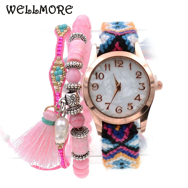 WELLMORE Women Watches BOHO style 2pcs beads bracelets with watch