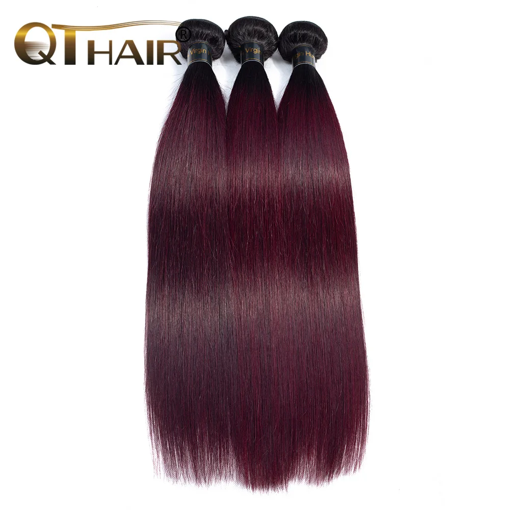 QThair Ombre Professional 1B/99J бордовый 3 Связки темно красное вино 100% натуральные волосы