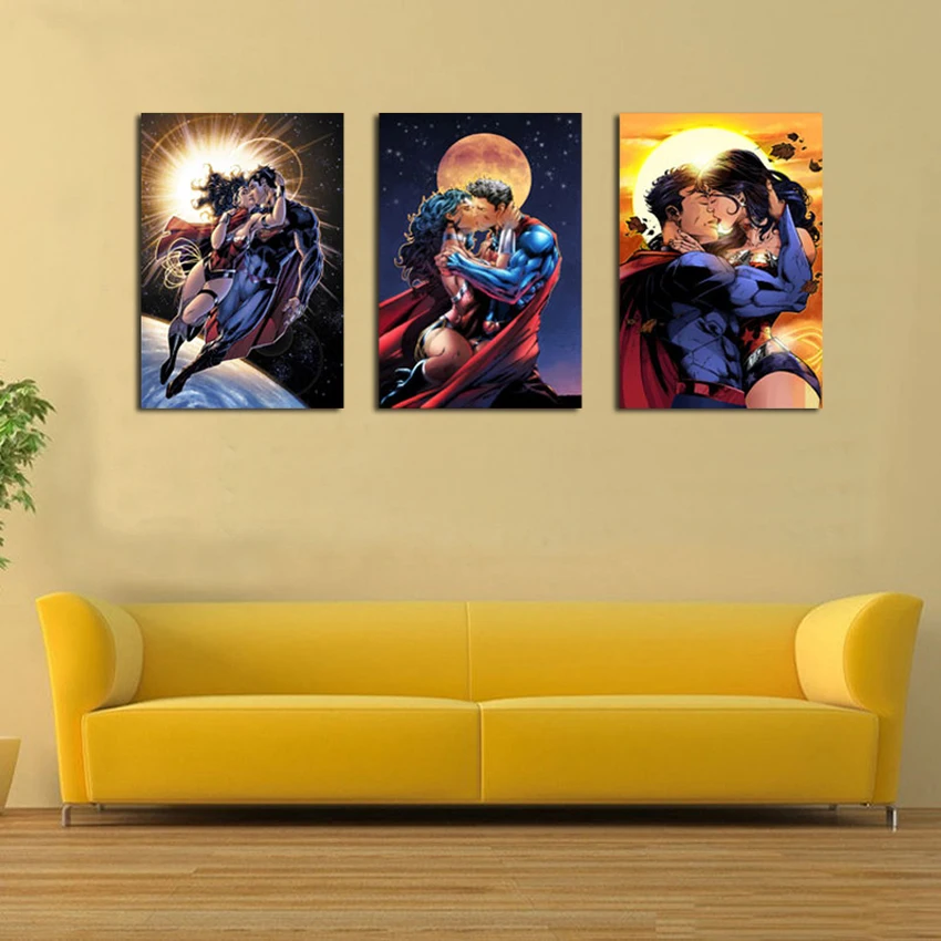 

3 Pieces HD print portrait oil painting on canvas modern abstract superman wonder woman oil painting wall art picture home decor